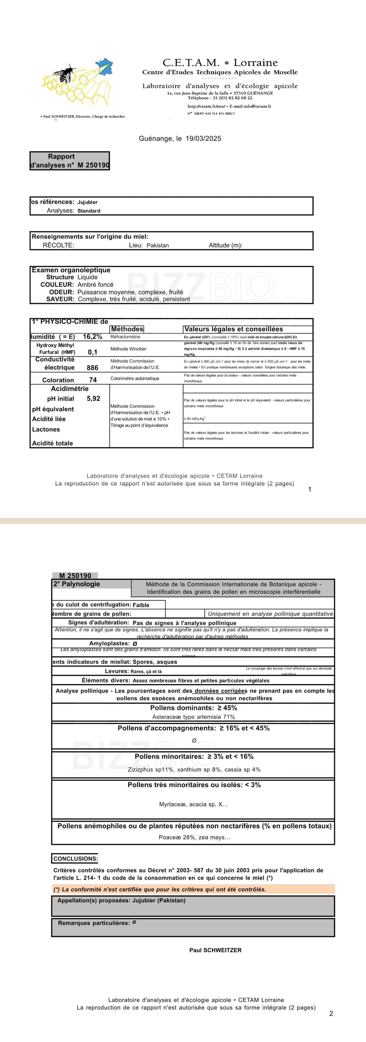 Rapport d'analyse CETAM complet, miel de jujubier du Pakistan