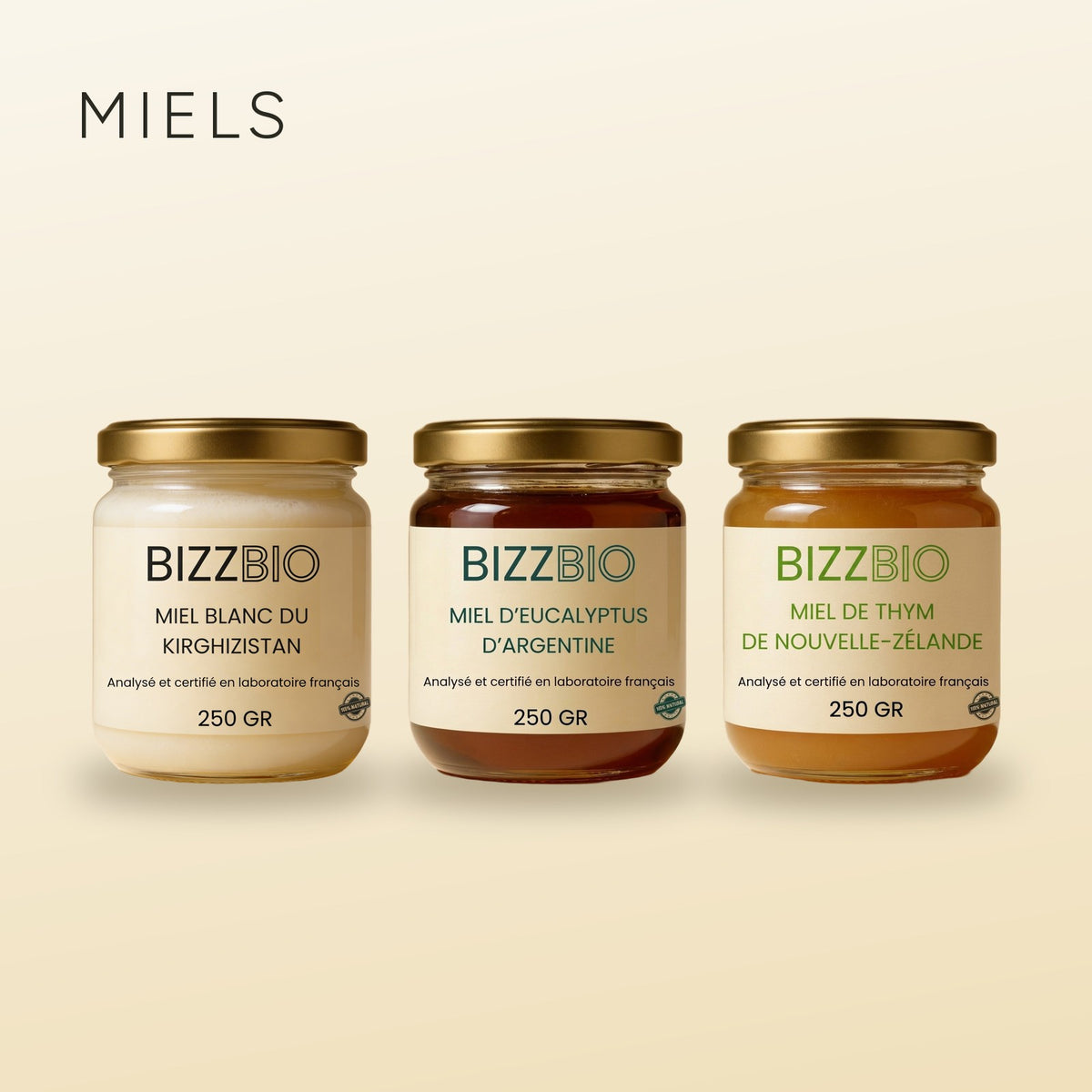 Miels BIZZBIO : blanc du Kirghizistan, eucalyptus d'Argentine, thym de Nouvelle-Zélande