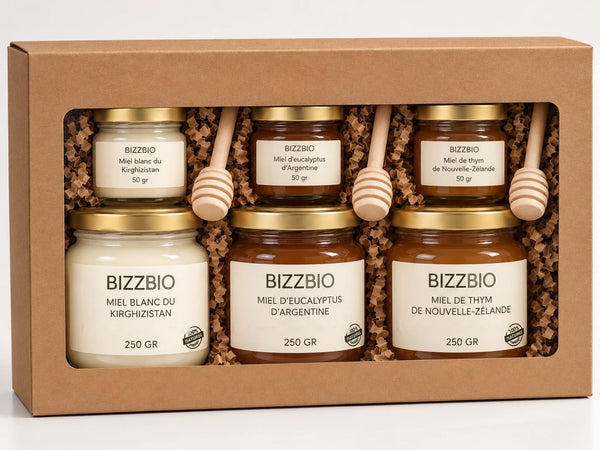 Coffret BIZZBIO : 3 pots de 250 g, 3 mini pots et 3 cuillères