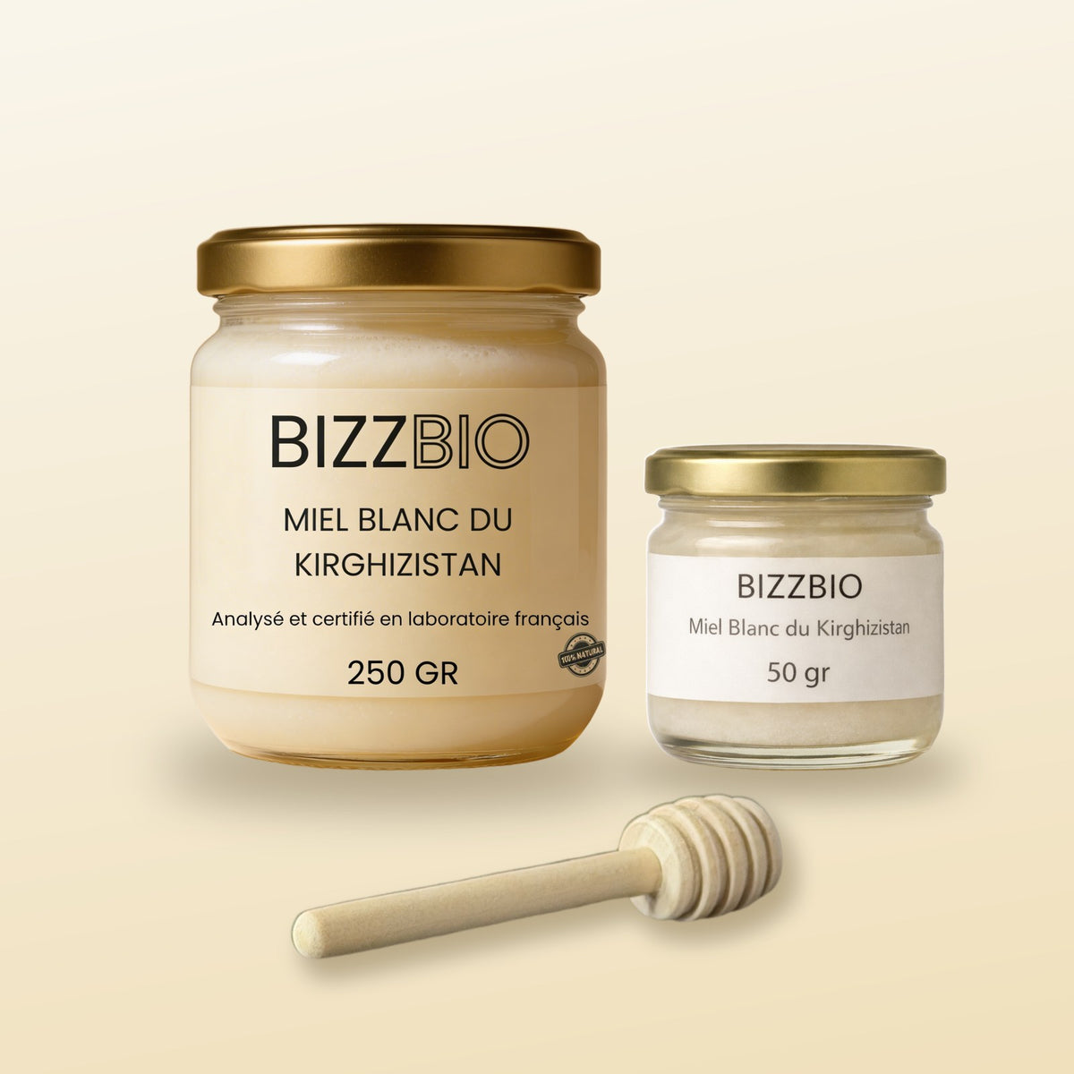 Colis Miel Blanc du Kirghizistan : pot 250 g, mini pot 50 g et cuillère à miel