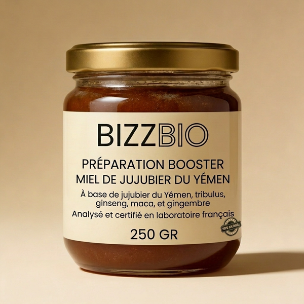 Préparation Miel et Plantes BIZZBIO 250 g · Miel, Jujubier, Maca, Gingembre, Ginseng, Tribulus